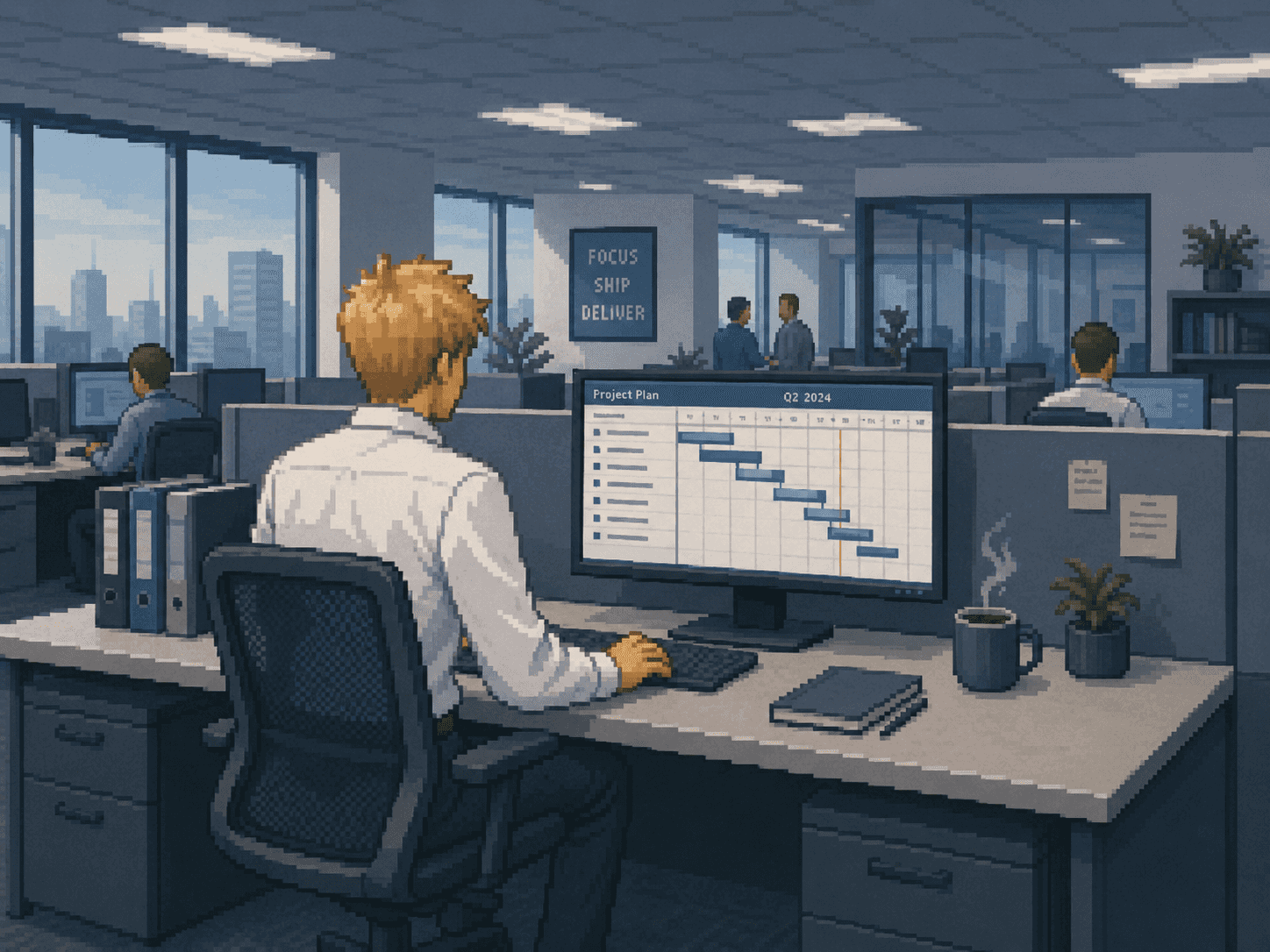 Pixel-art corporate open-space with a blond character at a desk.