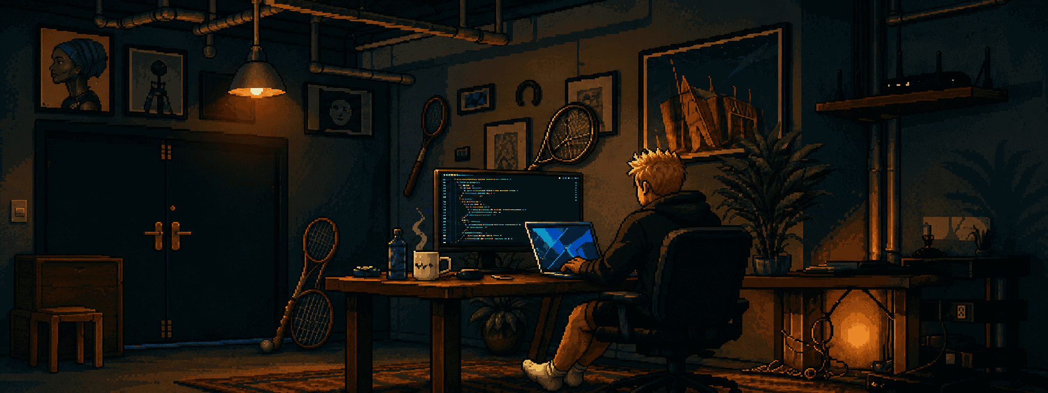 Pixel-art night workshop with a blond character coding on a laptop.