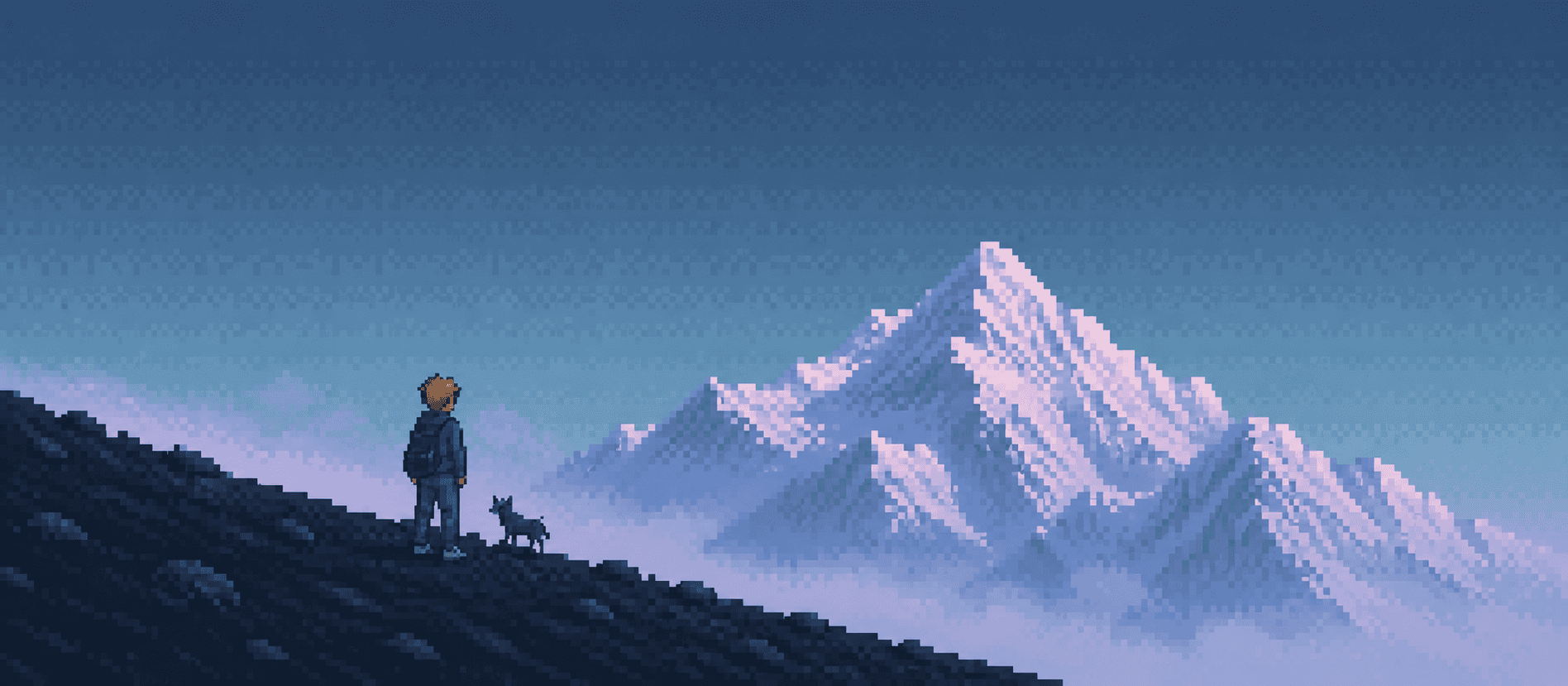 Pixel-art sunrise with a blond character at the foot of a mountain path.